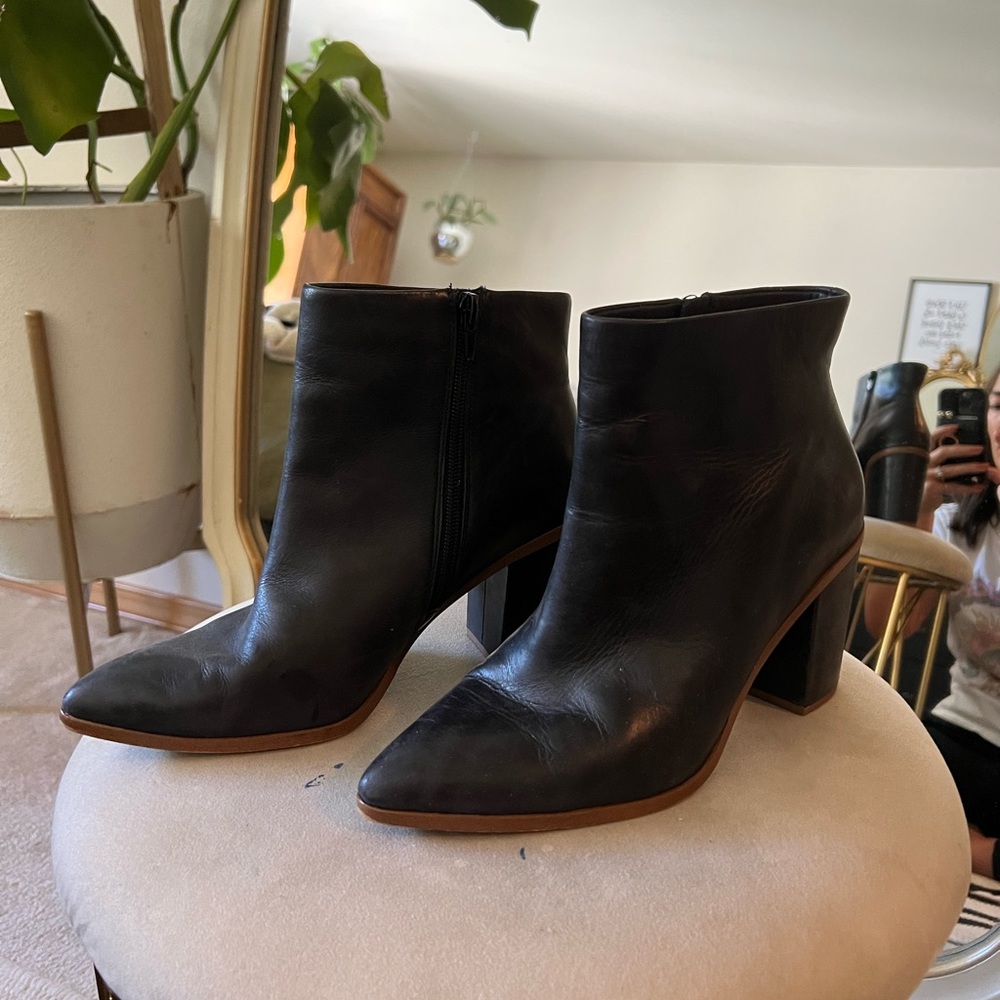 1. state block heeled leather booties